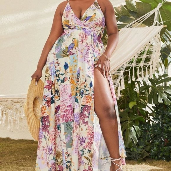 Floral open back slit thigh Maxi Dress shabby chic - Picture 10 of 10